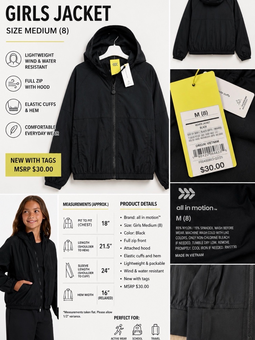 All In Motion Girls Medium Black Hooded Windbreaker Jacket NWT